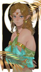 Rule 34 | 1boy, absurdres, artist name, bad id, bad pixiv id, bare shoulders, blonde hair, blue eyes, border, bridal gauntlets, circlet, closed mouth, commentary request, crossdressing, detached sleeves, gerudo set (zelda), highres, ivy (sena0119), jewelry, link, looking at viewer, male focus, medium hair, necklace, nintendo, plant, pointy ears, solo, stomach, the legend of zelda, the legend of zelda: breath of the wild, trap, upper body, white border