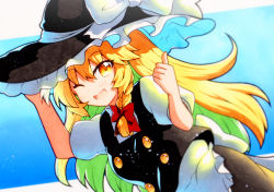 Rule 34 | 1girl, apron, bad id, bad twitter id, black hat, black skirt, black vest, blonde hair, blouse, blush, bow, hair between eyes, hair bow, hat, highres, kirisame marisa, long hair, one eye closed, open mouth, puffy short sleeves, puffy sleeves, qqqrinkappp, shirt, short sleeves, skirt, smile, solo, touhou, traditional media, upper body, vest, waist apron, white apron, white bow, white shirt, witch hat, yellow eyes