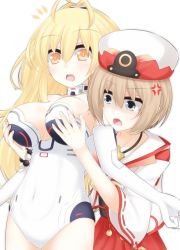 Rule 34 | 2girls, amo chenbe, anger vein, antenna hair, bad id, bad twitter id, bare shoulders, bead bracelet, beads, blanc (neptunia), blonde hair, blue eyes, blush, bracelet, breast envy, breasts, brown hair, cleavage, commentary, covered navel, elbow gloves, gloves, grabbing, grabbing another&#039;s breast, grabbing from behind, groping, hair between eyes, hakama, hakama short skirt, hakama skirt, hat, highres, japanese clothes, jewelry, kami jigen game neptune v, large breasts, leotard, long hair, multiple girls, neptune (series), nontraditional miko, open mouth, orange eyes, power symbol, power symbol-shaped pupils, short hair, simple background, skirt, strapless, strapless leotard, symbol-only commentary, symbol-shaped pupils, tearing up, white background, white gloves, white hat, white leotard, wide sleeves, yellow heart (neptunia), |||