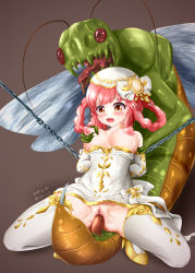 Rule 34 | 1girl, antennae, bdsm, bestiality, blush, bondage, bound, braid, breasts, bug, censored, chain, covered erect nipples, dress, girl on top, gradient background, hat, high heels, interspecies, large breasts, monster, napalmbit, nipples, pussy, red eyes, red hair, restrained, saliva, sex, spread legs, stinger, sweat, tears, thighhighs, tongue, tongue out, vaginal, wings