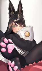 Rule 34 | 1girl, animal ears, black hair, black pantyhose, black sweater, blush, earrings, feet, foot focus, highres, jewelry, kilye kairi, long hair, long sleeves, looking at viewer, hugging object, omochi (cosplayer), pantyhose, paw shoes, pillow, pillow bite, pillow hug, real life, sitting, sleeves past fingers, sleeves past wrists, slit pupils, smile, solo, sweater, yellow eyes
