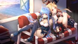 Rule 34 | 2girls, :o, adjusting eyewear, ahoge, arm support, asymmetrical bangs, azur lane, back-to-back, bare shoulders, beach, black gloves, black panties, black skirt, blonde hair, blue footwear, blurry, book, book stack, boots, bottle, breasts, capelet, cleavage, cleveland (azur lane), closed mouth, clothes writing, cola, collarbone, couch, deal with it (meme), depth of field, door, elbow gloves, fingerless gloves, full body, garter straps, gloves, headgear, helena (azur lane), highres, holding, holding bottle, holding removed eyewear, indoors, kneehighs, leaning back, legs together, lifebuoy, long hair, looking at viewer, looking back, looking to the side, medium breasts, meme, miniskirt, multiple girls, no shoes, ocean, on couch, open mouth, open window, panties, pink eyes, pleated skirt, red eyes, shoes, shore, side ponytail, side slit, sideways glance, skirt, sleeves past elbows, smile, socks, star (symbol), star print, sunglasses, sunlight, swim ring, thigh boots, thighhighs, thighs, toki (toki ship8), twilight, underwear, unworn eyewear, unworn shoes, very long hair, water, window
