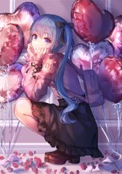 Rule 34 | 1girl, absurdres, aqua eyes, aqua hair, balloon, cross-laced clothes, cross-laced sleeves, hands on own face, hatsune miku, heart balloon, highres, looking at viewer, pink theme, solo, squatting, twintails, vocaloid, yuzuha wasa