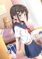 Rule 34 | 1girl, absurdres, arms behind back, backpack, bag, bed, blue skirt, blush, book, bow, brown hair, closed mouth, collarbone, commentary request, cup, curtains, hair between eyes, hair bow, hair ornament, hairclip, highres, indoors, long hair, looking at viewer, low twintails, midriff, midriff peek, navel, neckerchief, nedia (nedia region), original, pillow, pleated skirt, purple eyes, red neckerchief, sailor collar, school uniform, serafuku, shirt, short sleeves, sidelocks, skirt, smile, solo, standing, stuffed animal, stuffed rabbit, stuffed toy, teddy bear, toy, twintails, white shirt