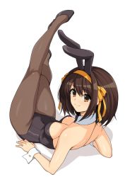 Rule 34 | 1girl, animal ears, bare shoulders, black footwear, black leotard, bow, bowtie, breasts, brown eyes, brown hair, brown pantyhose, cleavage, closed mouth, commentary request, detached collar, fake animal ears, full body, hairband, hand on own hip, hand on own knee, haruhisky, high heels, highleg, highleg leotard, highres, leotard, lying, medium breasts, on back, orange hairband, pantyhose, playboy bunny, rabbit ears, rabbit tail, shadow, shiny skin, short hair, simple background, smile, solo, strapless, strapless leotard, suzumiya haruhi, suzumiya haruhi no yuuutsu, tail, white background, wrist cuffs