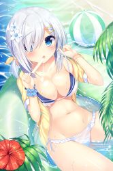 Rule 34 | 10s, 1girl, absurdres, alternate costume, alternate hairstyle, beach, bikini, blue eyes, blush, bracelet, breasts, day, flower, food, food on body, frilled bikini, frills, hair flower, hair ornament, hair over one eye, hairclip, hamakaze (kancolle), hibiscus, highres, inflatable toy, jacket, jewelry, kantai collection, large breasts, leaf, looking at viewer, looking up, navel, outdoors, palm tree, partially submerged, popsicle, see-through, short hair, silver hair, sitting, solo, stomach, strap pull, striped bikini, striped clothes, swimsuit, tomoo (tomo), tree, water, white bikini, yellow jacket