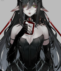 Rule 34 | 1girl, absurdres, bag, black dress, black hair, black nails, blood, blood bag, breasts, cleavage, commentary, dress, drinking straw, elbow pads, english commentary, fingerless gloves, freckles, gloves, grey background, hair between eyes, highres, holding, holding bag, indie virtual youtuber, layna lazar, long hair, looking at viewer, medium breasts, nail polish, pointy ears, solo, the cecile, upper body, v-shaped eyebrows, very long hair, virtual youtuber
