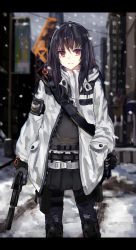 Rule 34 | 1girl, antenna hair, bad id, bad pixiv id, belt, black gloves, black hair, black skirt, blurry, building, bulletproof vest, buttons, city, closed mouth, cloud, cloudy sky, coat, crane (machine), day, depth of field, emblem, eyebrows, gloves, gun, hand in pocket, handgun, holding, holding gun, holding weapon, holster, knee pads, light smile, long hair, looking at viewer, miniskirt, ole1942, open clothes, open coat, outdoors, pistol, pleated skirt, pocket, power lines, red eyes, road, scarf, shoulder belt, skirt, sky, snow, snowing, solo, standing, street, suppressor, sweater, thigh holster, tom clancy&#039;s the division, trigger discipline, unzipped, weapon, white coat, white scarf, winter