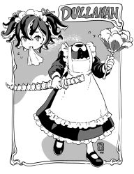 Rule 34 | 1girl, apron, artist name, collared dress, disembodied head, dress, dullahan, duster, feather duster, floating head, frilled apron, frilled dress, frills, full body, grey background, greyscale, hair between eyes, hair ribbon, hands up, high contrast, highres, holding, long sleeves, looking at viewer, maid, maid headdress, mary janes, monochrome, monster girl, mouth hold, napkin, original, puffy long sleeves, puffy sleeves, rem (tsulala), ribbon, shoes, short twintails, solo, spine, suction cups, tentacle hair, twintails, two-tone background, walking, white background