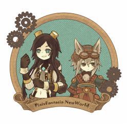 Rule 34 | 1boy, 1girl, animal ears, blue eyes, brown eyes, brown hair, framed, gears, goggles, goggles on head, green eyes, grey hair, looking to the side, midriff, multicolored eyes, navel, original, pixiv fantasia, pixiv fantasia new world, satsumai, scroll, short hair with long locks, sidelocks, simple background, smile, striped, striped background, suspenders, upper body