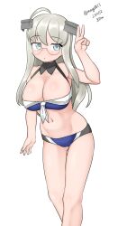 Rule 34 | 1girl, absurdres, ahoge, bare shoulders, bikini, blue bikini, blush, breasts, cleavage, closed mouth, commentary request, dated, feet out of frame, glasses, gluteal fold, grey eyes, grey hair, hair ornament, heywood l. edwards (kancolle), highres, kantai collection, large breasts, long hair, looking at viewer, maru (marg0613), navel, one-hour drawing challenge, simple background, solo, swimsuit, twitter username, v, white background