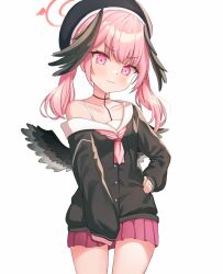 Rule 34 | 1girl, black wings, blue archive, blush, choker, collarbone, commentary, english commentary, feathered wings, hair between eyes, halo, hand on own hip, hat, head wings, heunggugi, highres, koharu (blue archive), long hair, long sleeves, looking at viewer, pink eyes, pink hair, pleated skirt, school hat, school uniform, serafuku, sidelocks, simple background, skirt, solo, twintails, wavy mouth, white background, wings