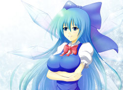 Rule 34 | 1girl, aged up, blue eyes, blue hair, breasts, cirno, cirno-nee, female focus, gradient background, hair ribbon, ice, ice wings, long hair, matching hair/eyes, osashin (osada), ribbon, solo, touhou, white background, wings