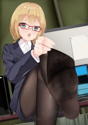 Rule 34 | 1girl, absurdres, blonde hair, blush, clothes pull, feet, glasses, green eyes, highres, jamie hazaford, looking at viewer, medium hair, open mouth, pantyhose, pantyhose pull, shirogane no ishi argevollen, soles, steam, sweat, toes