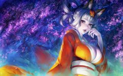 Rule 34 | 1girl, animal ears, breasts, cherry blossoms, duplicate, finger to mouth, fox ears, highres, japanese clothes, kimono, kongiku, large breasts, leaf, leaf on head, lipstick, looking at viewer, makeup, oboro muramasa, purple lips, red eyes, silver hair, simosi