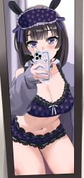 Rule 34 | 1girl, black hair, blush, breasts, cardigan, cellphone, cleavage, covering own mouth, cowboy shot, cropped shirt, eye mask, frilled shorts, frills, full-length mirror, grey cardigan, highres, holding, holding phone, indoors, kinomiki, large breasts, legs apart, long bangs, long sleeves, looking at mirror, looking at viewer, mask, mask on head, medium hair, mirror, navel, nijisanji, off shoulder, open cardigan, open clothes, phone, purple eyes, purple shirt, purple shorts, selfie, shirt, shorts, sidelocks, sleep mask, sleeveless, sleeveless shirt, smartphone, solo, stomach, thighs, tsukino mito, virtual youtuber
