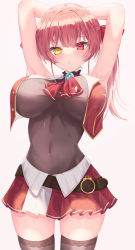 Rule 34 | 1girl, absurdres, apron, arms behind head, arms up, ascot, black thighhighs, blush, bodysuit, bodysuit under clothes, breasts, commentary request, covered navel, cowboy shot, cropped jacket, hair ribbon, highres, hololive, hololive fantasy, houshou marine, jacket, large breasts, long hair, looking at viewer, miniskirt, mizuongaku, open clothes, open jacket, pleated skirt, red ascot, red eyes, red hair, red jacket, red ribbon, red skirt, ribbon, simple background, skirt, sleeveless, sleeveless jacket, solo, standing, thighhighs, twintails, virtual youtuber, yellow eyes, zettai ryouiki