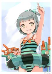 Rule 34 | 1girl, absurdres, aged down, armpits, blunt bangs, bow, brown eyes, casual one-piece swimsuit, green one-piece swimsuit, grey hair, hair bow, half updo, highres, innertube, kantai collection, looking at viewer, machinery, one-piece swimsuit, pointing, pointing up, ponytail, solo, striped clothes, striped one-piece swimsuit, swim ring, swimsuit, swimsuit skirt, upper body, uut, yuubari (kancolle)