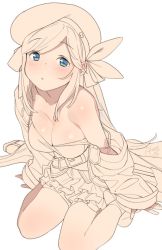 Rule 34 | 1girl, bare shoulders, beret, blue eyes, bow, breasts, camisole, cucouroux (granblue fantasy), granblue fantasy, hair bow, hair ribbon, hat, long hair, medium breasts, monochrome, off shoulder, ribbon, rkrk, skirt, solo, twintails