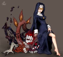 Rule 34 | 1girl, asmo deus, bare legs, barefoot, breasts, clothes lift, cross, cross necklace, double (skullgirls), dress, dress lift, closed eyes, feet, jewelry, legs, medium breasts, monster, necklace, nun, skullgirls, solo, toes
