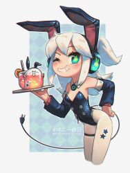 Rule 34 | 1girl, absurdres, animal ear headphones, animal ears, artist name, bunny day, cable, dated, detached collar, detached sleeves, digitan (porforever), electric plug, electric plug tail, fake animal ears, green eyes, grin, headphones, highres, leotard, looking at viewer, medium hair, one eye closed, original, pantyhose, playboy bunny, porforever, rabbit ears, smile, solo, strapless, strapless leotard, tray, white hair