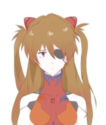Rule 34 | 1girl, artist request, blue eyes, bodysuit, breasts, brown hair, evangelion: 3.0 you can (not) redo, expressionless, eyepatch, long hair, looking at viewer, medium breasts, multicolored bodysuit, multicolored clothes, neon genesis evangelion, plugsuit, rebuild of evangelion, red bodysuit, shiny clothes, simple background, skin tight, solo, souryuu asuka langley, twintails, two side up, upper body, white background