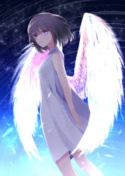 Rule 34 | 1girl, a.a (aa772), absurdres, bare arms, bare shoulders, brown hair, closed mouth, commentary request, dress, feathered wings, feathers, hair between eyes, highres, looking at viewer, looking to the side, night, night sky, original, outdoors, pleated dress, purple eyes, sky, sleeveless, sleeveless dress, solo, standing, star (sky), star trail, starry sky, transparent wings, white dress, white feathers, white wings, wings