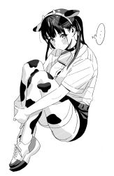 Rule 34 | ..., 1girl, animal ears, animal print, badge, bell, black choker, black hair, black shorts, blunt bangs, blush, breasts, breasts on lap, choker, collar, collared shirt, commentary, cow ears, cow horns, cow print, cowbell, denim, denim shorts, dot mouth, dot nose, expressionless, fake animal ears, from side, full body, greyscale, hair ribbon, highres, horns, hugging own legs, knees up, large breasts, looking at viewer, mole, mole under eye, monochrome, neck bell, original, ribbon, riki (riki unc), shirt, shirt tucked in, short shorts, short sleeves, shorts, sitting, skindentation, solo, spoken ellipsis, symbol-only commentary, thighhighs, thighs, twintails, white footwear, white shirt, white thighhighs