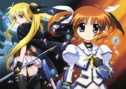 Rule 34 | &gt;:|, 10s, 2girls, :|, absurdres, antenna hair, armor, ass, bardiche (nanoha), belt, belt skirt, black gloves, black legwear, blonde hair, blue eyes, brown hair, cape, cherry blossoms, clenched hand, closed mouth, cloud, cowboy shot, cropped jacket, fate testarossa, fate testarossa (movie 1st form), fingerless gloves, flat chest, floating, floating hair, floating object, from side, gem, gloves, glowing, hand on own chest, highres, holding, holding weapon, leotard, long hair, looking at viewer, looking down, lyrical nanoha, magical girl, mahou shoujo lyrical nanoha, mahou shoujo lyrical nanoha the movie 1st, miniskirt, moon, multiple girls, night, night sky, official art, outdoors, panties, petals, pleated skirt, polearm, puffy sleeves, raising heart, red eyes, scan, serious, short hair, short twintails, skirt, sky, standing, takamachi nanoha, takamachi nanoha (movie 1st mode), thighhighs, turtleneck, twintails, underwear, upper body, v-shaped eyebrows, vambraces, very long hair, weapon