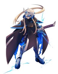 Rule 34 | armor, armored collar, artist request, azure striker gunvolt, blade (gunvolt), blonde hair, blue eyes, bodysuit, clenched hand, electricity, fake horns, glowing, glowing eyes, greaves, hair tubes, helmet, highres, holding, holding sword, holding weapon, horned headwear, horned helmet, horns, katana, looking to the side, luminous avenger ix, official art, ponytail, samurai, serious, sheath, sheathed, solo, sword, transparent background, unsheathing, weapon