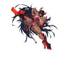 Rule 34 | 1girl, abs, armpits, bare shoulders, bead necklace, beads, black hair, boots, breasts, closed mouth, dark-skinned female, dark skin, demon horns, feet, female focus, fighting stance, floating hair, full body, game cg, hands up, horns, huge breasts, jewelry, leg up, legs, long hair, looking at viewer, melon22, necklace, original, red eyes, serious, solo, standing, standing on one leg, thick thighs, thighs, torn clothes, transparent background