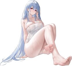 Rule 34 | 1girl, azur lane, bare legs, bare shoulders, barefoot, blue hair, breasts, collarbone, feet, foot focus, foreshortening, full body, hair between eyes, highres, knees up, large breasts, legs, long hair, looking at viewer, naked towel, official alternate costume, official art, playing with own hair, purple eyes, sitting, snow, soles, solo, thighs, toenails, toes, towel, transparent background, very long hair, voroshilov (azur lane), voroshilov (devoted as the warm snow) (azur lane), wet