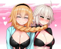 Rule 34 | 2girls, ahoge, blonde hair, blush, breasts, cloud, closed eyes, fate/grand order, fate (series), headband, heart, highres, jeanne d&#039;arc alter (swimsuit berserker) (fate), jeanne d&#039;arc (fate), jeanne d&#039;arc alter (fate), large breasts, multiple girls, pink sky, sky, smile, swimsuit, the only shoe, white hair, yellow eyes