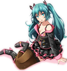 Rule 34 | 1girl, aqua eyes, aqua hair, aqua nails, between legs, black bra, black footwear, black jacket, black skirt, blush, boots, bow, bra, breasts, brown thighhighs, butterfly hair ornament, cleavage, collarbone, frown, full body, hair ornament, hatsune miku, high heel boots, high heels, highres, honey whip (module), jacket, knee boots, layered skirt, long hair, long sleeves, looking at viewer, medium breasts, nail polish, nose blush, off shoulder, open clothes, open jacket, pink bow, project diva (series), simple background, sitting, skirt, solo, sweet devil (vocaloid), thighhighs, tsukishiro saika, twintails, underwear, v-shaped eyebrows, vocaloid, wariza, white background