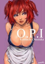 Rule 34 | 1girl, apron, breasts, character name, cleavage, contrapposto, hair bobbles, hair ornament, johnalay, large breasts, lips, looking to the side, naked apron, nose, one-hour drawing challenge, onozuka komachi, purple background, red hair, solo, touhou, two side up, waist apron