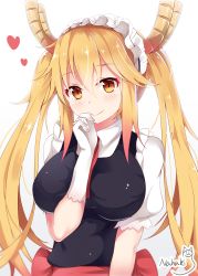 Rule 34 | 10s, 1girl, artist name, between breasts, black vest, blonde hair, blush, breasts, cat, closed mouth, dragon girl, dragon horns, gloves, gradient background, hair between eyes, hand to own mouth, highres, horns, kobayashi-san chi no maidragon, large breasts, long hair, looking at viewer, maid, maid headdress, nahaki, necktie, orange eyes, puffy short sleeves, puffy sleeves, red necktie, sash, shirt, short sleeves, sidelocks, signature, simple background, sin-poi, slit pupils, smile, solo, tohru (maidragon), twintails, upper body, very long hair, vest, white background, white gloves, white shirt