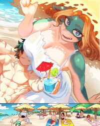 1girl absurdres bare_shoulders blonde_hair blue_eyes boku_no_hero_academia breasts colored_skin dress freckles furry furry_female green_hair highres husband_and_wife ippan_josei lap_pillow large_breasts large_hat looking_at_viewer midoriya_izuku mineta_minoru multicolored_skin muscular muscular_male scar scar_on_arm scar_on_hand sleeveless sleeveless_dress smile tall_female two-tone_skin vlizz vlizzyvlizz117 white_dress yaoyorozu_momo