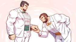 Rule 34 | 2boys, bara, black hair, blush, bowing, brown eyes, brown hair, character request, couple, facial hair, fire emblem, forked eyebrows, formal, goatee, green neckwear, holding hands, highres, male focus, manly, multiple boys, muscular, nintendo, orange neckwear, pectorals, short hair, sideburns, simple background, suit, toned, toned male, white suit, yaoi, zelo-lee