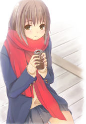 Rule 34 | 1girl, black skirt, blue coat, brown eyes, brown hair, buttons, can, coat, eyebrows, fujiwara mizuki, highres, holding, holding can, hot chocolate, matching hair/eyes, original, parted lips, pleated skirt, red scarf, scarf, school uniform, sitting, skirt, smile, solo, sweater, teeth, uniform, winter