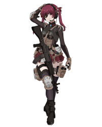Rule 34 | 1girl, assault rifle, black thighhighs, boots, breasts, brown hair, eyepatch, full body, gun, headset, highres, hololive, houshou marine, knee guards, long hair, looking at viewer, medium breasts, mutugorou u, pleated skirt, purple hair, red eyes, rifle, simple background, skirt, smile, solo, thighhighs, virtual youtuber, weapon, white background