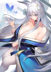 Rule 34 | 1girl, absurdres, animal ear fluff, animal ears, azur lane, bare shoulders, blue kimono, blush, breasts, cleavage, collarbone, commentary request, floating hair, fox ears, grey hair, hair between eyes, hair ornament, highres, huge breasts, japanese clothes, kimono, kitsune, long hair, long sleeves, off shoulder, parted lips, purple eyes, shinano (azur lane), sidelocks, solo, thighhighs, very long hair, white thighhighs, wide sleeves, yamanokami eaka