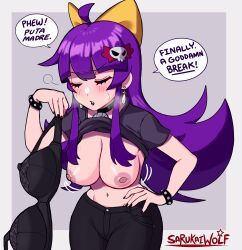 Rule 34 | 1girl, absurdres, ahoge, black lips, black nails, black pants, blush, bow, bra, unworn bra, breasts, closed eyes, closed mouth, earrings, facing viewer, hair bow, hand on own hip, highres, holding, holding bra, holding clothes, holding underwear, jewelry, large breasts, long hair, navel, nipple piercing, nipples, original, pants, piercing, purple hair, sarukaiwolf, solo, speech bubble, underwear, violentine (sarukaiwolf), yellow bow