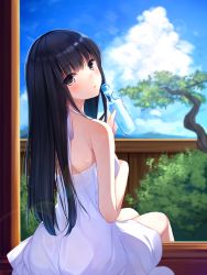 Rule 34 | 1girl, bare shoulders, black hair, blush, brown eyes, bush, cloud, day, dress, fence, from behind, halterneck, head tilt, holding, itou nanami, lens flare, long hair, looking at viewer, looking back, original, parted lips, ramune, sitting, sky, solo, summer, sundress, tree, very long hair, white dress, wooden fence