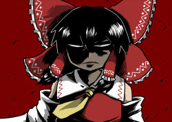 Rule 34 | ascot, black hair, bow, constricted pupils, detached sleeves, hair bow, hair tubes, hakurei reimu, long hair, nicetack, shaded face, solo, touhou, wind