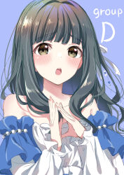 Rule 34 | 1girl, :o, absurdres, armband, baggy clothes, black hair, blush, collarbone, english text, frilled sleeves, frills, fujii tomo, highres, idolmaster, idolmaster cinderella girls, lavender background, long hair, looking at viewer, off shoulder, open mouth, solo, tottoto tomekichi, yellow eyes