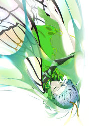 Rule 34 | 1girl, absurdres, antennae, aqua hair, bare legs, barefoot, black gloves, butterfly wings, closed eyes, commentary, dress, eternity larva, fetal position, full body, gem, gloves, green dress, hands on own knees, highres, insect wings, knees up, mizoreshi, parted lips, short hair, solo, teeth, touhou, upside-down, water drop, wings