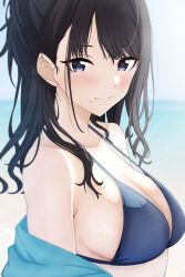 1girl absurdres aqua_jacket armpit_crease beach bikini black_hair blue_bikini blurry blurry_background blush breasts cleavage commentary halterneck highres idolmaster idolmaster_shiny_colors jacket jacket_partially_removed kazano_hiori long_hair looking_at_viewer medium_breasts mole mole_under_mouth musha_no_kozi outdoors smile solo sweat swimsuit upper_body