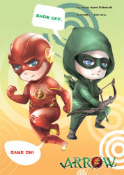 Rule 34 | 2boys, archer (fate), arrow (projectile), barry allen, blue eyes, bow (weapon), chibi, dc comics, fate (series), flash (series), green arrow, green arrow (series), hood, lightning bolt symbol, marksman, mask, multiple boys, oliver queen, running, the flash, weapon