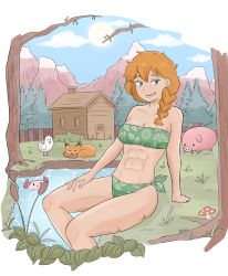 Rule 34 | 1girl, abs, absurdres, alex (minecraft), axolotl, bare shoulders, bikini, bird, blue sky, braid, braided ponytail, breasts, cattail, chicken, cleavage, cloud, cloudy sky, feet out of frame, fox, green bikini, green eyes, hair over shoulder, highres, long hair, minecraft, mountain, mushroom, navel, open mouth, orange hair, outdoors, pig, plant, print bikini, sitting, sky, smile, solo, strapless, strapless bikini, swimsuit, talalios, tree, water