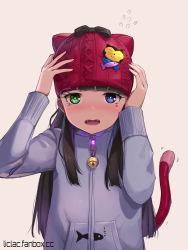 Rule 34 | 1girl, animal ears, animal hat, arm up, beanie, bell, black hair, blue eyes, blush, cat ears, cat hat, cat tail, commentary request, facial mark, fake animal ears, fangs, flying sweatdrops, green eyes, grey jacket, hand up, hat, heterochromia, highres, jacket, jingle bell, liclac, long hair, long sleeves, open mouth, original, red hat, solo, tail, tail raised, upper body, watermark, web address